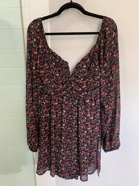 Revamped Floral Mini Dress black red Tie Back Cutout Long Sleeve XL